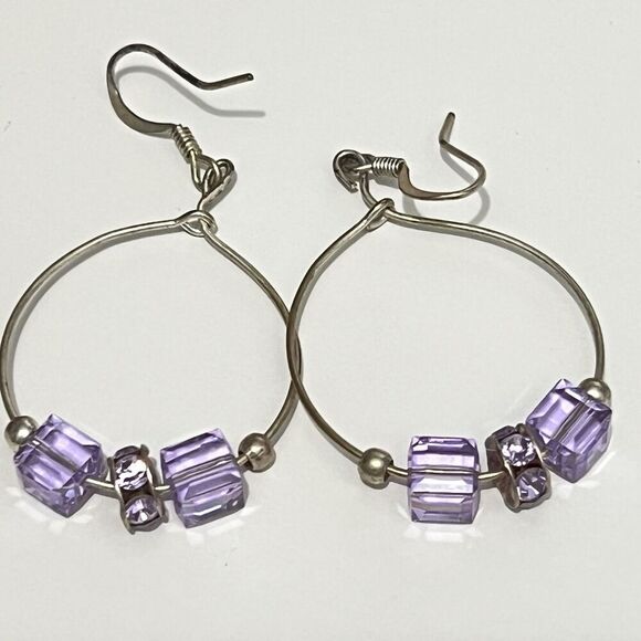 Purple Geometric Tri-beaded Large Hoop Silver Hook Earrings Casual - Picture 1 of 1